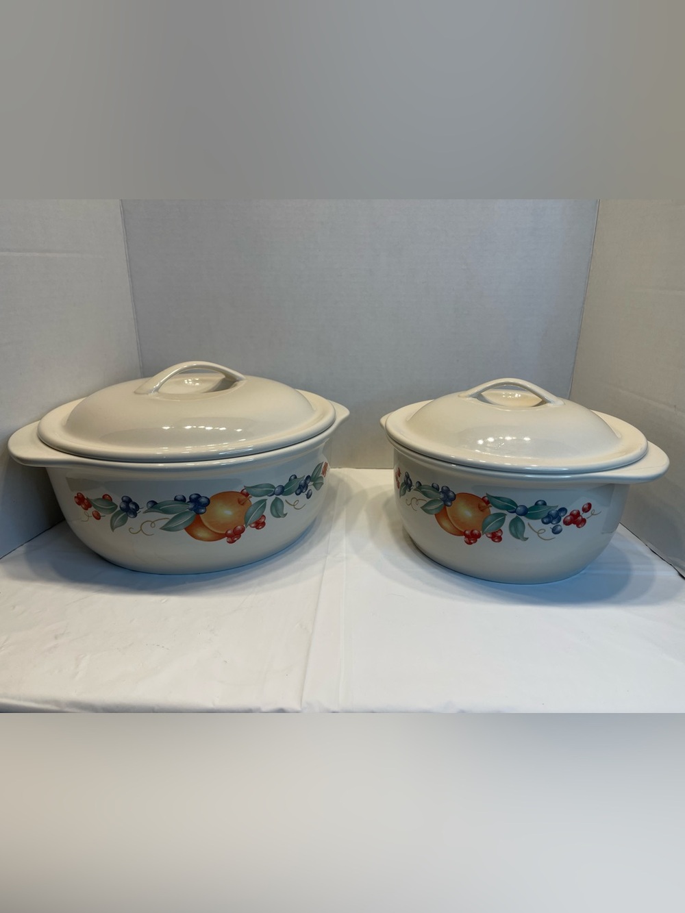 Corelle Cream Ceramic Covered Casserole Dishes with Fruit Pattern - Set of 2